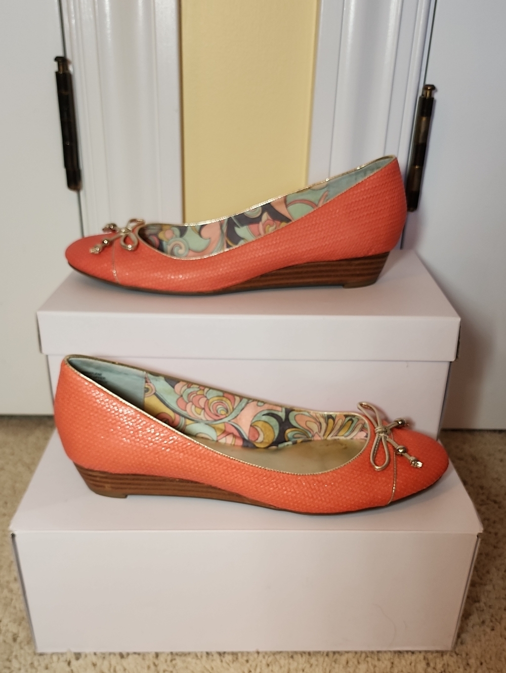 Anne Klein Coral Textured Ballet Flats with Gold Bow